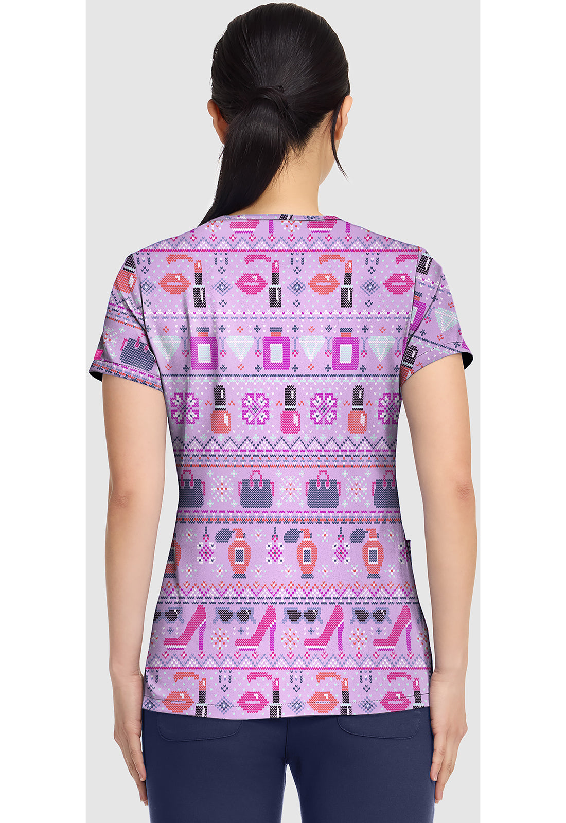Prints MC8564 Women's V-Neck Print Scrub Top Fashion Fair Isle
