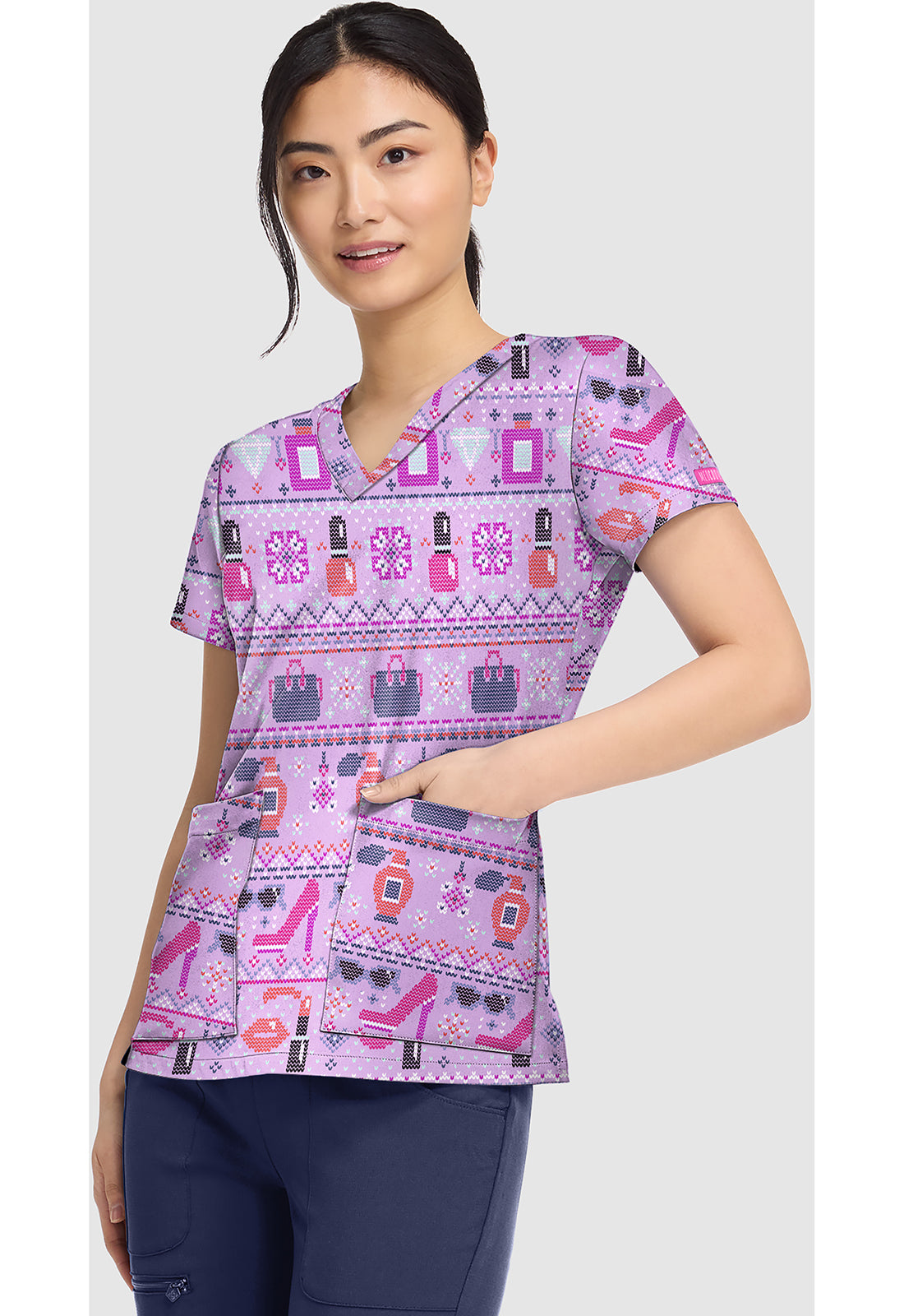 Prints MC8564 Women's V-Neck Print Scrub Top Fashion Fair Isle