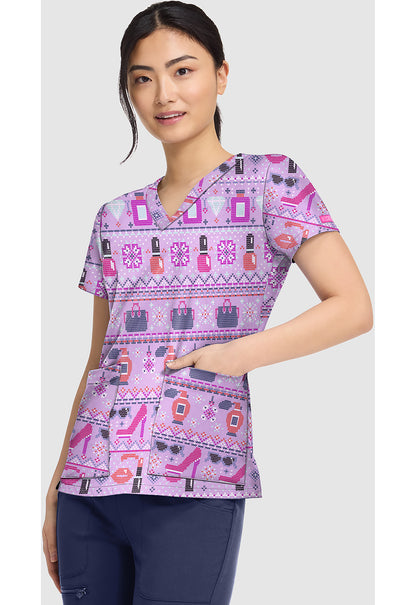 Prints MC8564 Women's V-Neck Print Scrub Top Fashion Fair Isle