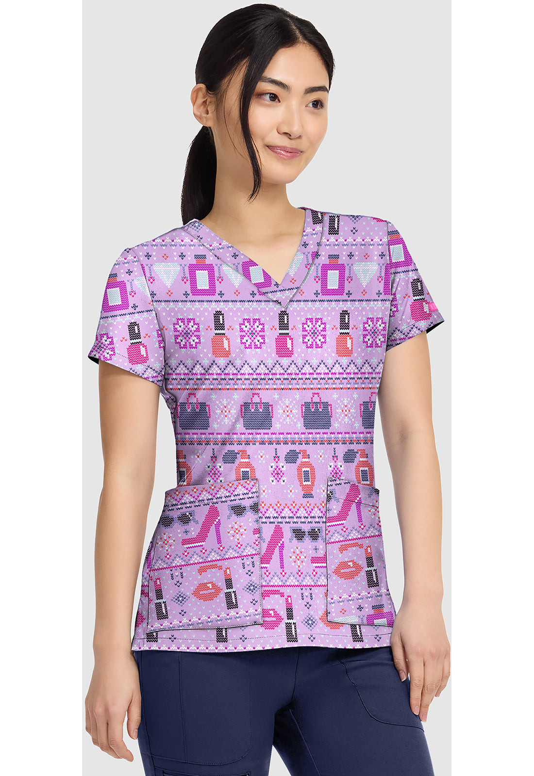 Prints MC8564 Women's V-Neck Print Scrub Top Fashion Fair Isle