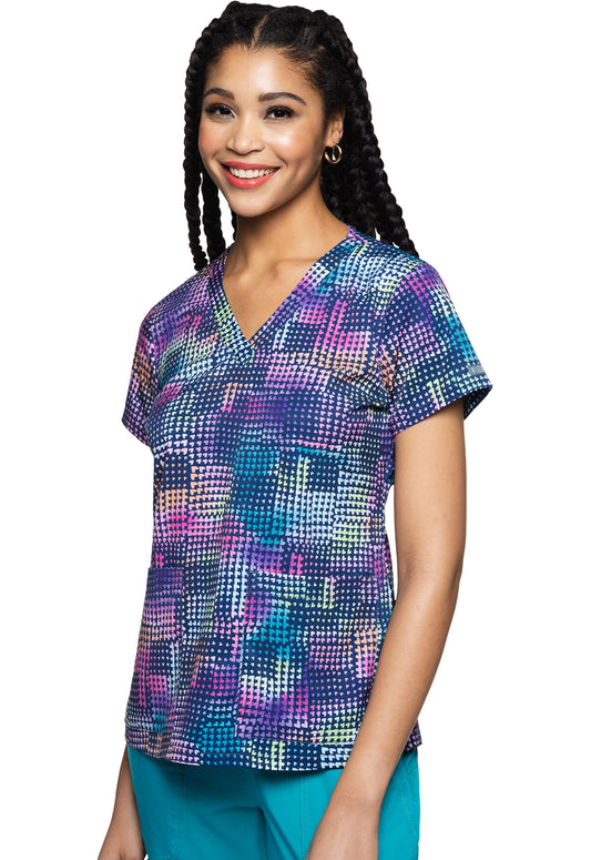 Prints MC8564 V-Neck Print Top Rainbow Patch Model Image Front | Med Couture