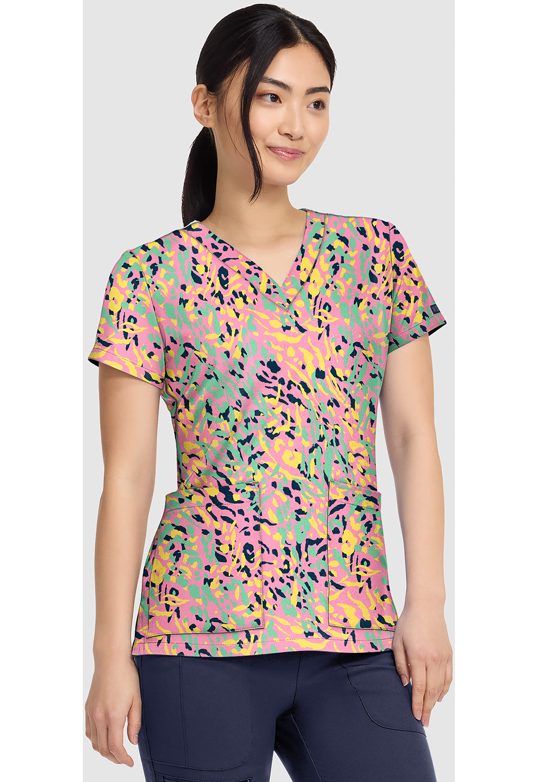 Prints MC8564 Women's V-Neck Print Scrub Top Tutti Fruitti Tiger