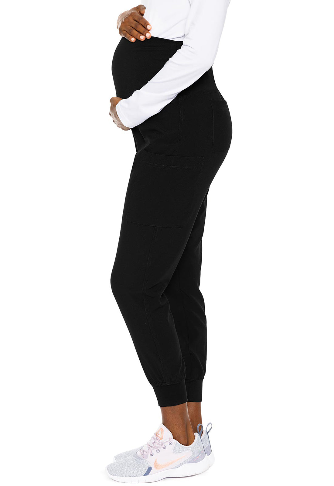 Maternity MC8729 Maternity Jogger Black Model Image Right Side | Med Couture