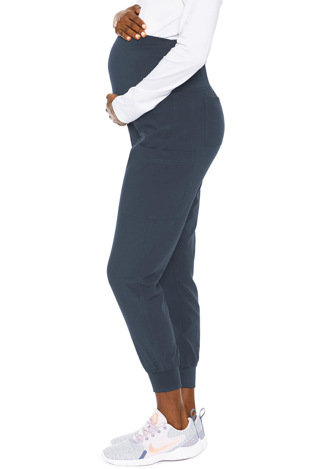 Maternity MC8729 Maternity Jogger Pewter Model Image Right Side | Med Couture