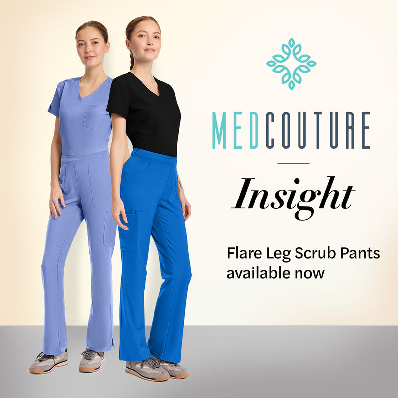 Shop Med Couture Insight Flare Leg Scrub Pants. Two women wearing flared leg scrub pants with Medcouture branding.