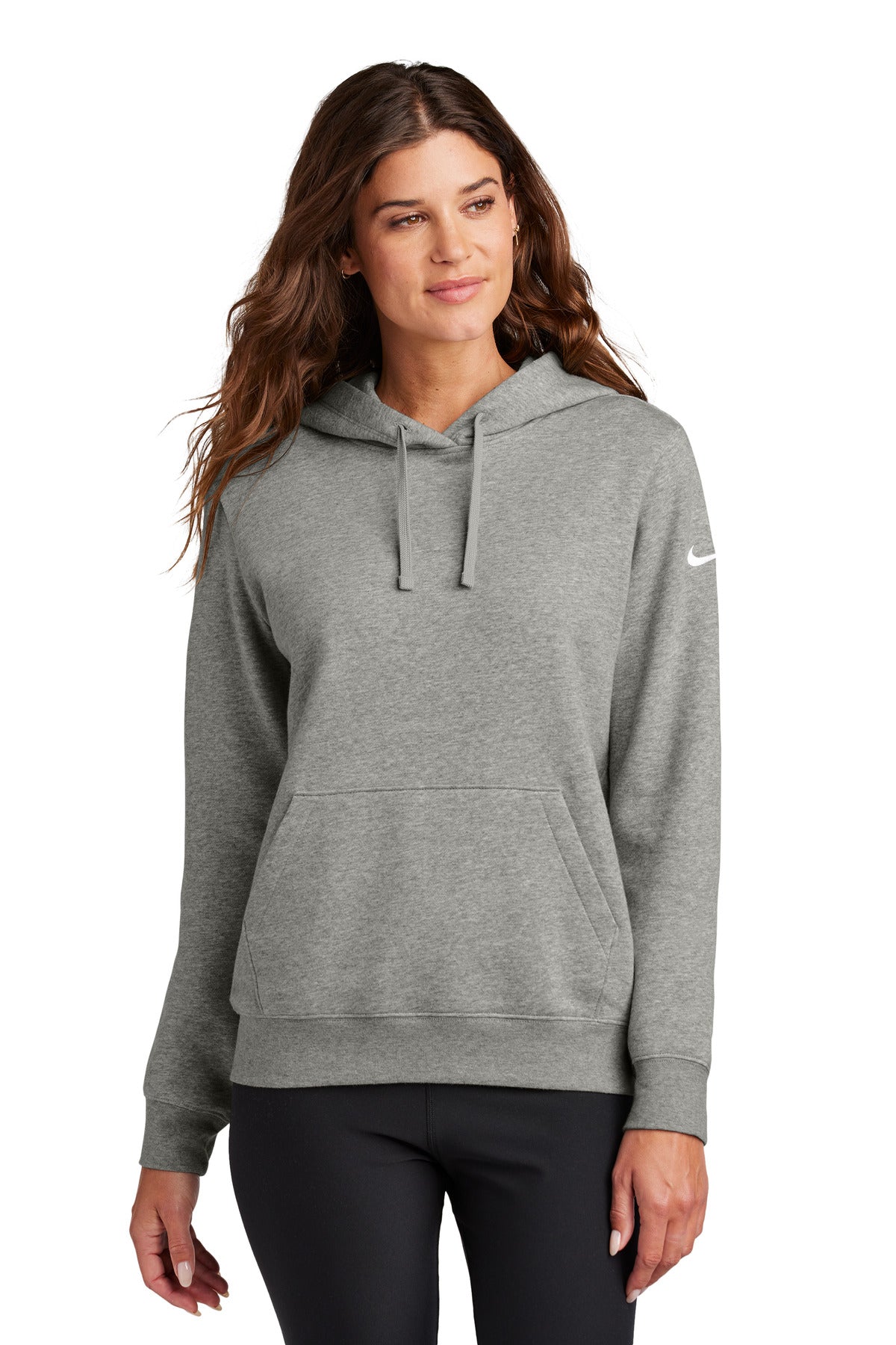 Nike Women's Club Fleece Sleeve Swoosh Pullover Hoodie NKFD9889 Dark Grey Heather
