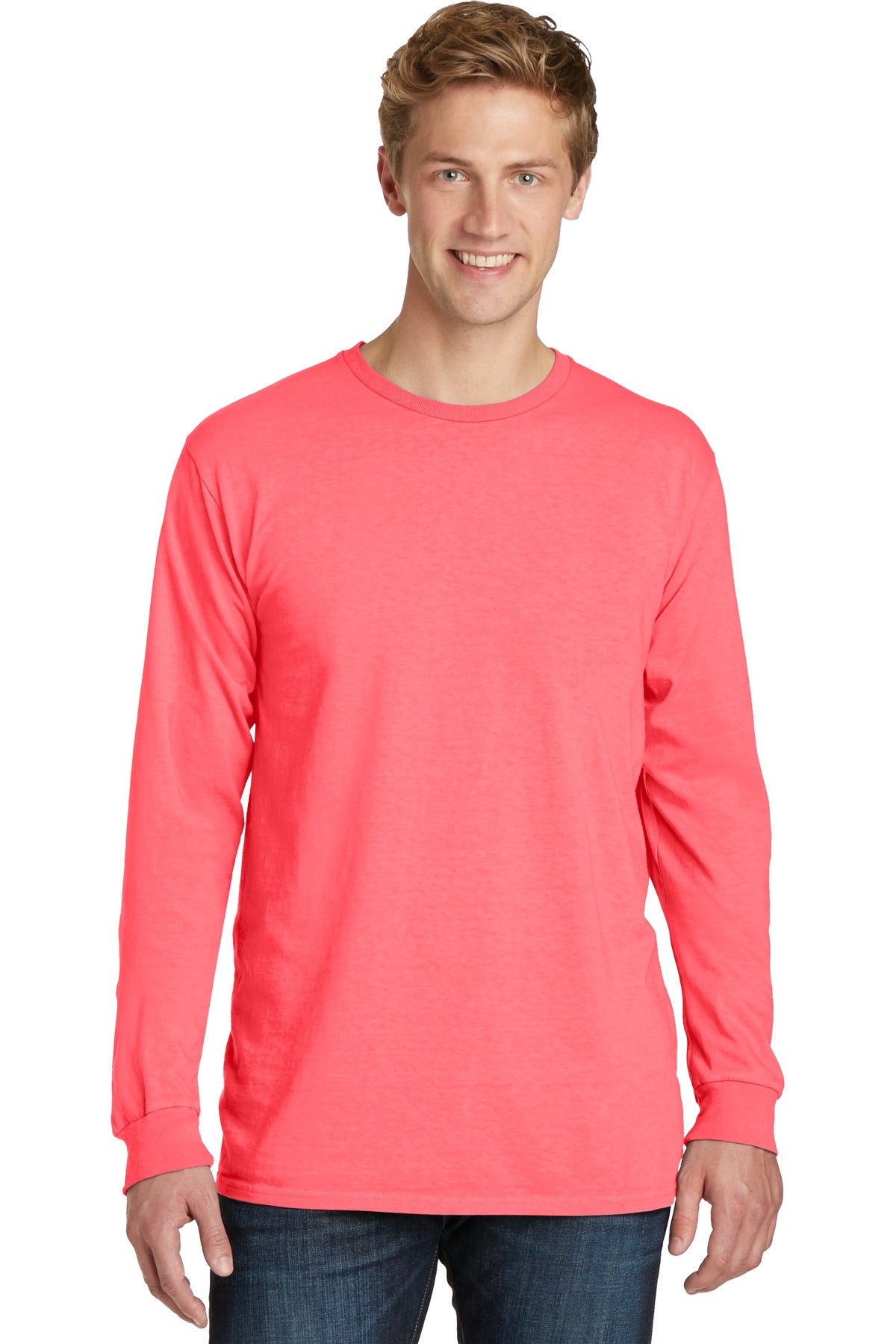 Port & Company Beach Wash Garment-Dyed Long Sleeve Tee PC099LS Neon Coral
