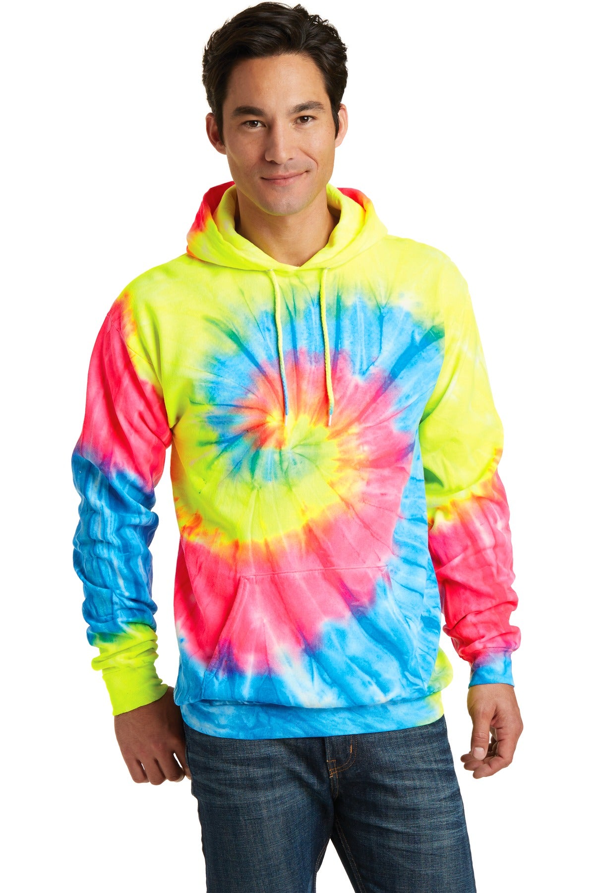 Port & Company Tie-Dye Pullover Hooded Sweatshirt. PC146 Neon Rainbow