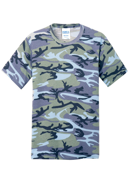 Port & Company Core Cotton Camo Tee.  PC54C Woodland Blue Camo