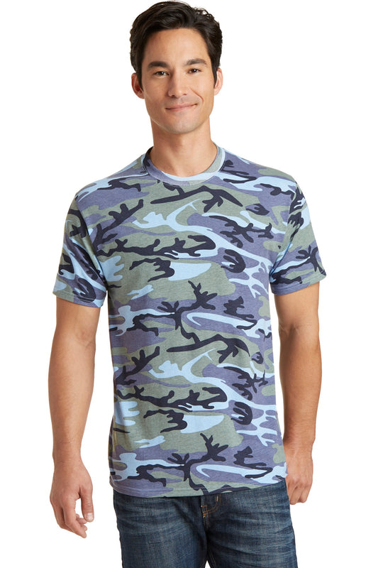 Port & Company Core Cotton Camo Tee.  PC54C Woodland Blue Camo