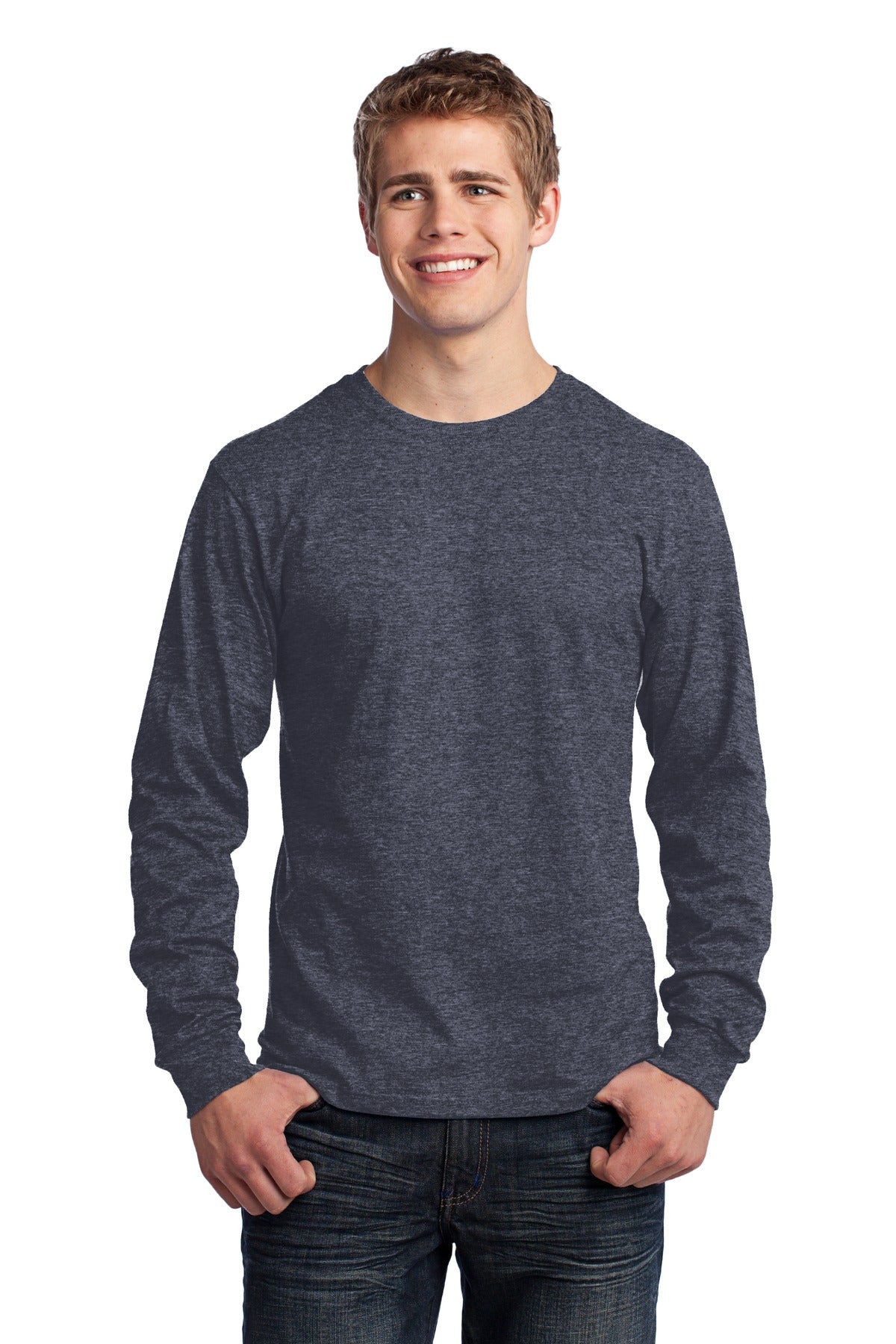 Port & Company Long Sleeve Core Cotton Tee. PC54LS Heather Navy