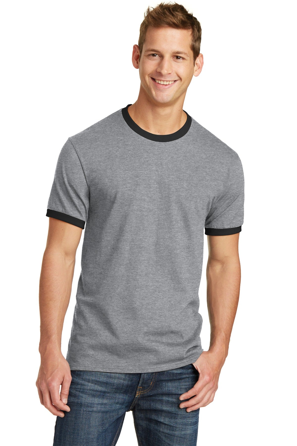 Port & Company Core Cotton Ringer Tee.  PC54R Athletic Heather/ Jet Black