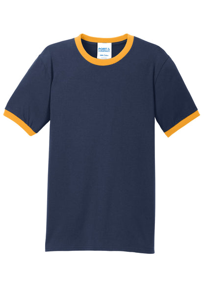 Port & Company Core Cotton Ringer Tee.  PC54R Navy/ Gold