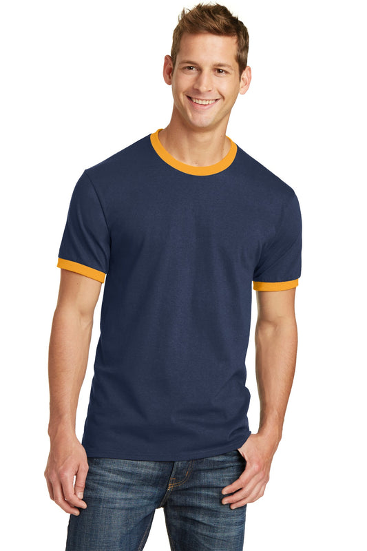 Port & Company Core Cotton Ringer Tee.  PC54R Navy/ Gold