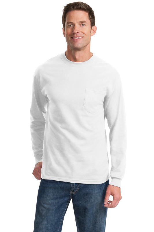 Port & Company Tall Long Sleeve Essential Pocket Tee. PC61LSPT White Tall