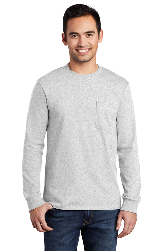 Port & Company Long Sleeve Essential Pocket Tee.  PC61LSP Ash
