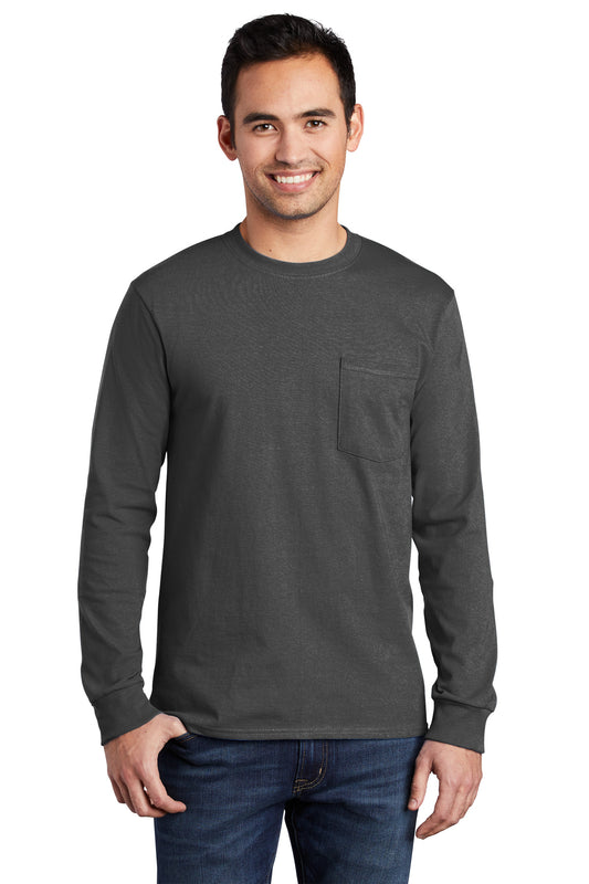 Port & Company Long Sleeve Essential Pocket Tee.  PC61LSP Charcoal