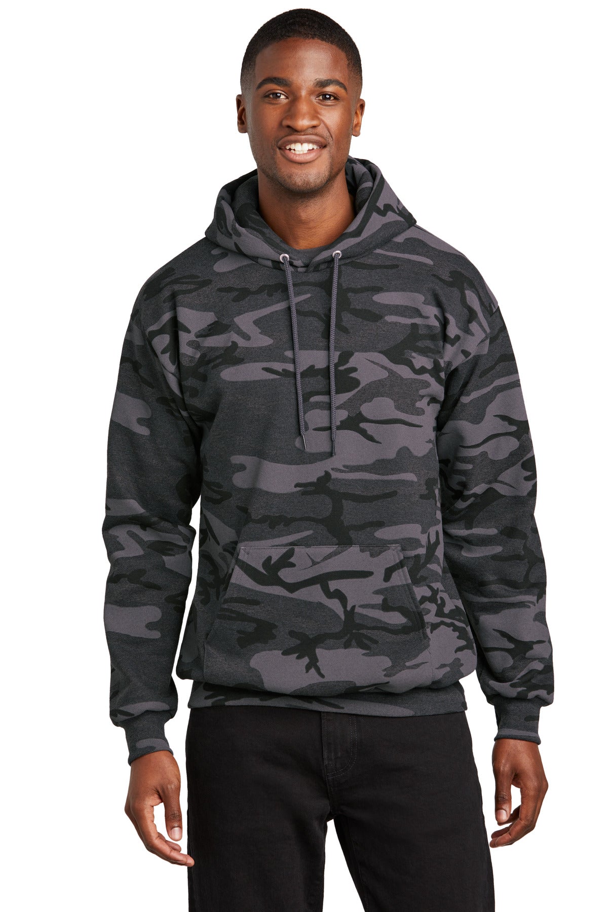 Port & Company Core Fleece Camo Pullover Hooded Sweatshirt. PC78HC Black Heather Camo