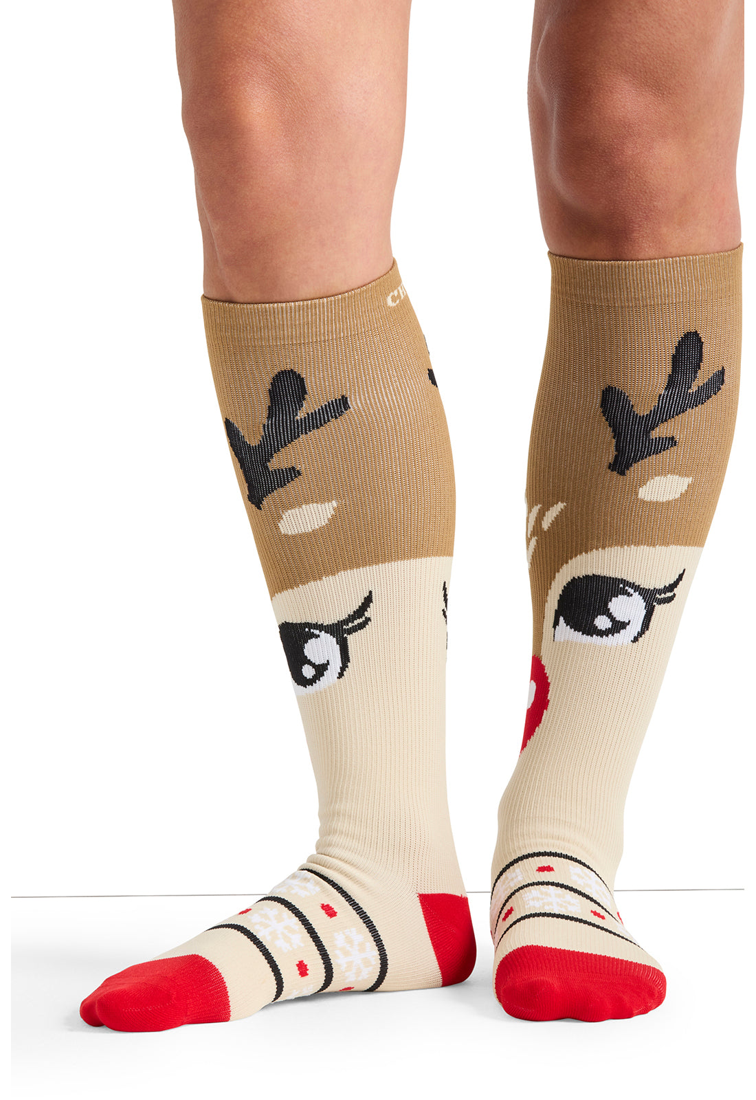 Legwear PRINTSUPPORT Women's 10-15mmHg Compression Socks Deer Santa Model Image Front | Cherokee