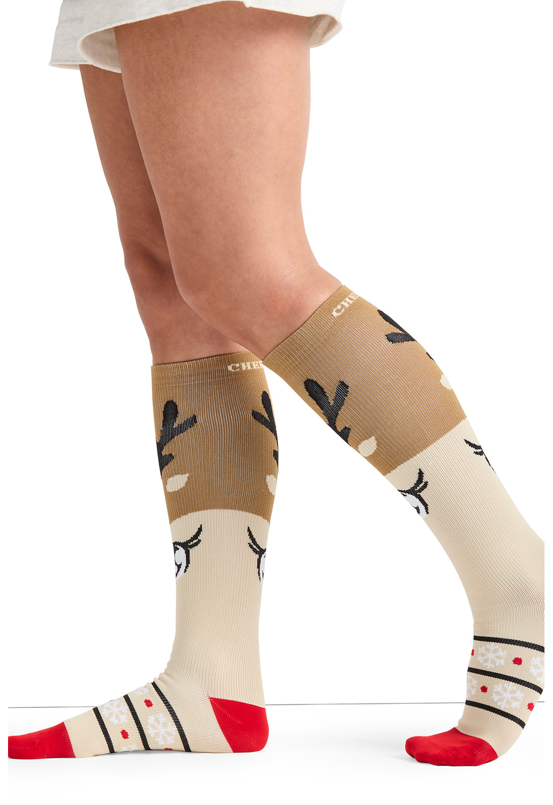 Legwear PRINTSUPPORT Women's 10-15mmHg Compression Socks Deer Santa Model Image Right Side | Cherokee