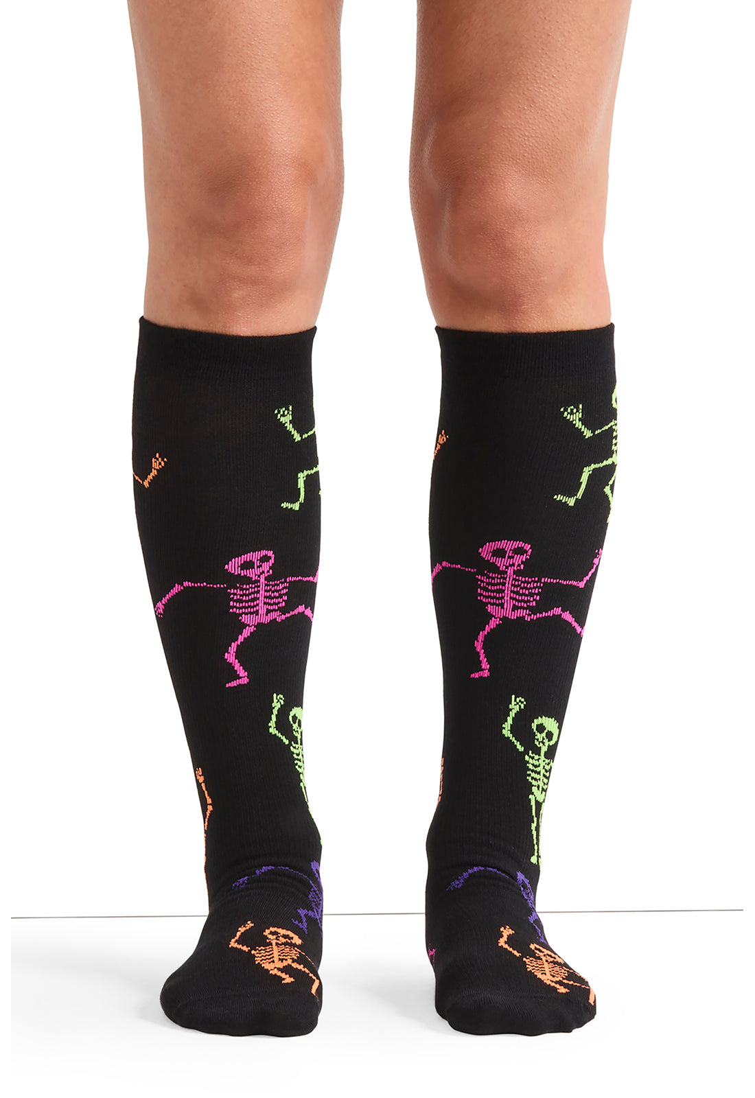 Legwear PRINTSUPPORT Women's 10-15mmHg Compression Socks Dancing Skeletons Model Image Front | Cherokee