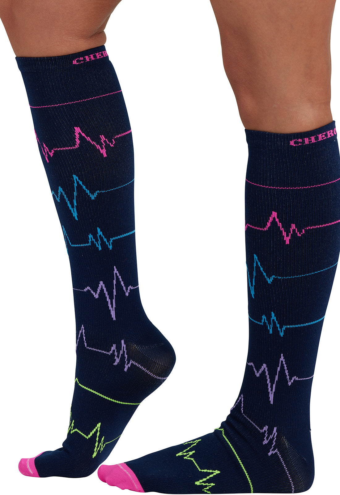 Legwear PRINTSUPPORT Women's 10-15mmHg Compression Socks EKG ZigZag Model Image Right Side | Cherokee