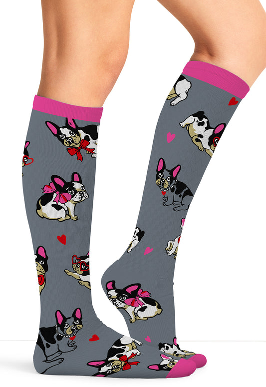 Legwear PRINTSUPPORT Women's 10-15mmHg Compression Socks Frenchie Kiss Model Image Front | Cherokee