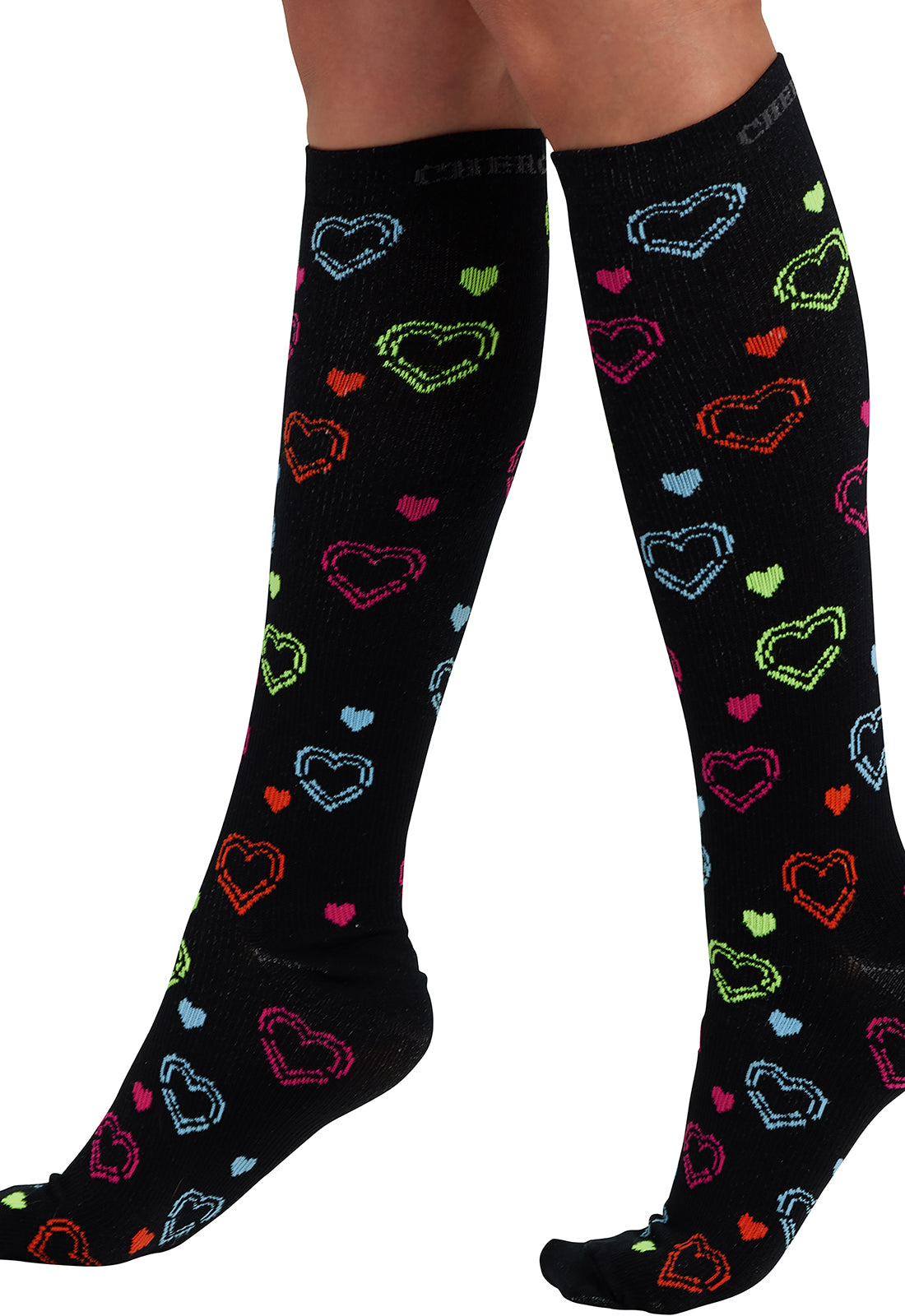 Legwear PRINTSUPPORT Women's 10-15mmHg Compression Socks Hearts On The Line Model Image Right Side | Cherokee