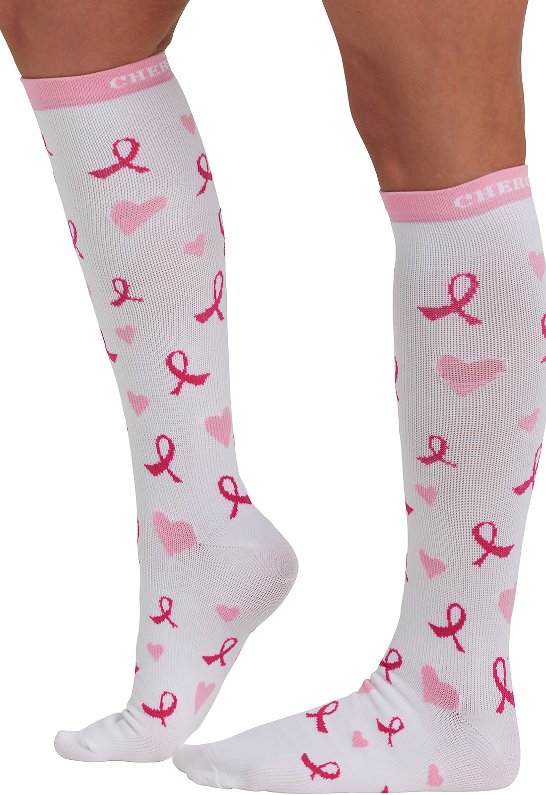 Legwear PRINTSUPPORT Women's 10-15mmHg Compression Socks Heartfelt Ribbons Model Image Right Side | Cherokee