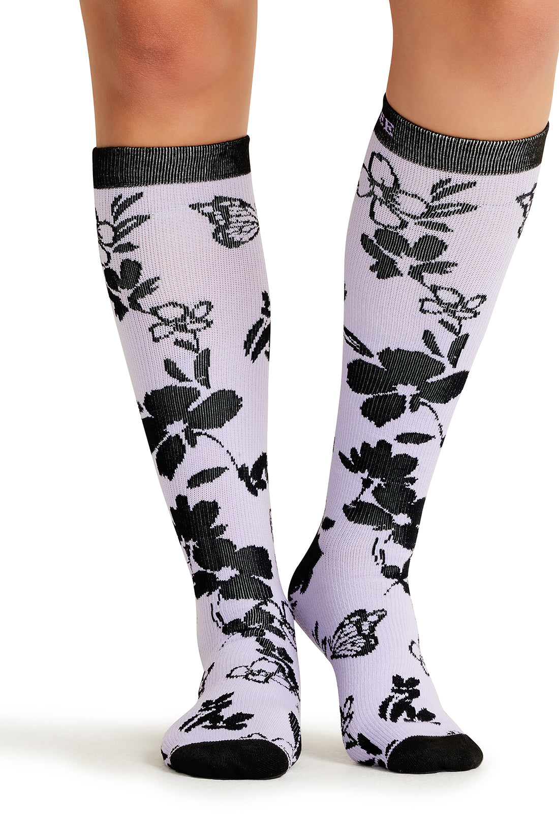 Legwear PRINTSUPPORT Women's 10-15mmHg Compression Socks Lavender Garden Model Image Front | Cherokee