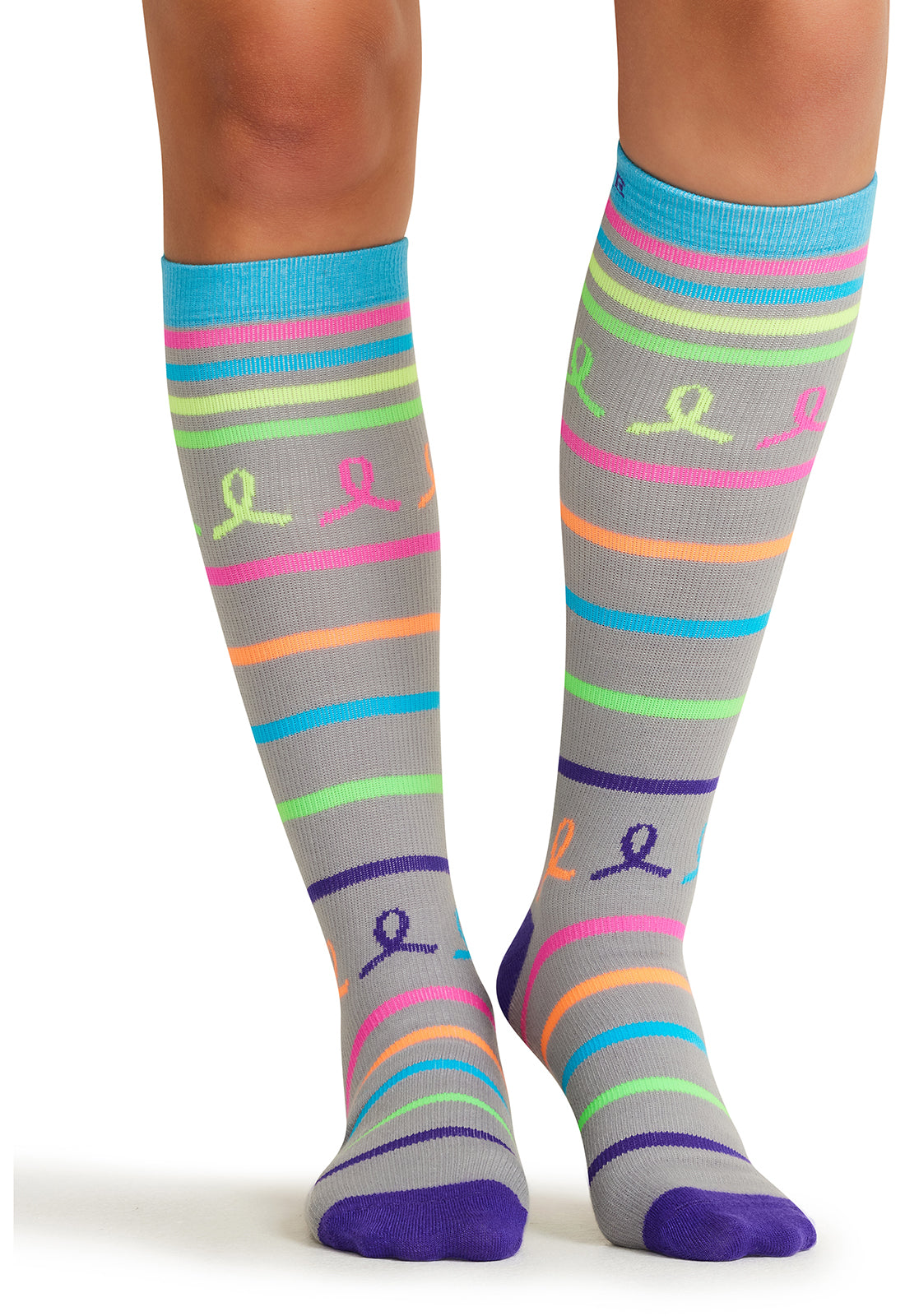 Legwear PRINTSUPPORT Women's 10-15mmHg Compression Socks Neon Multi Ribbon Model Image Front | Cherokee