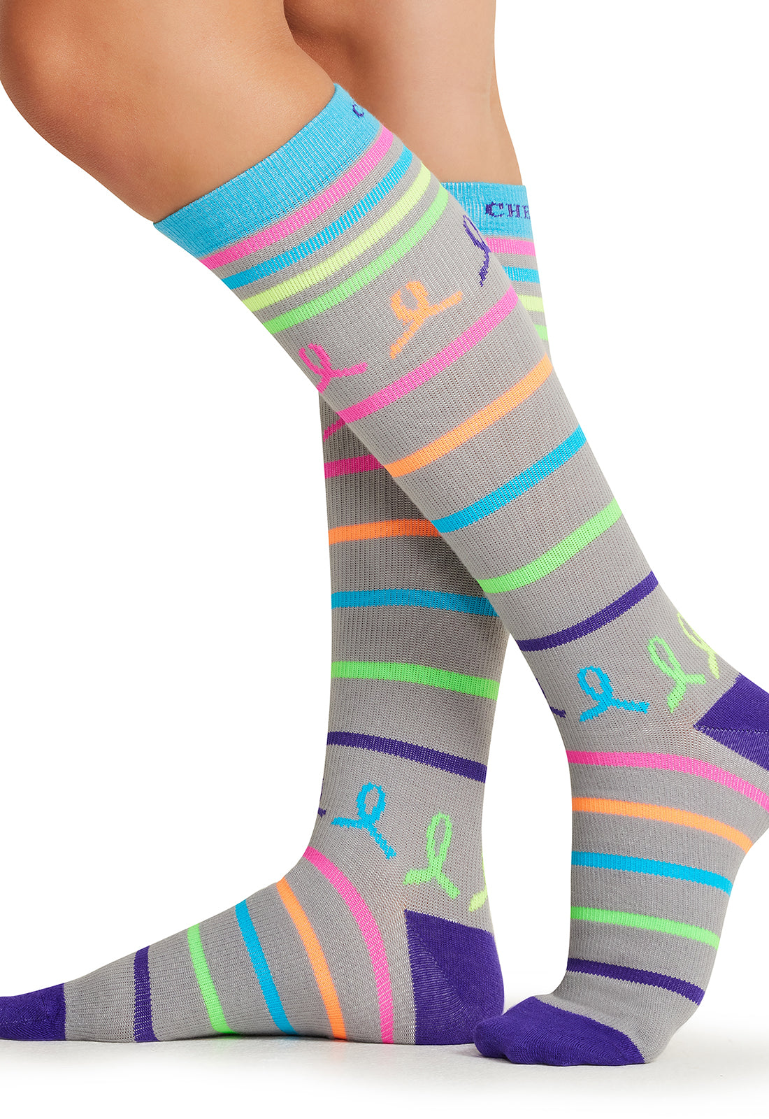 Legwear PRINTSUPPORT Women's 10-15mmHg Compression Socks Neon Multi Ribbon Model Image Right Side | Cherokee