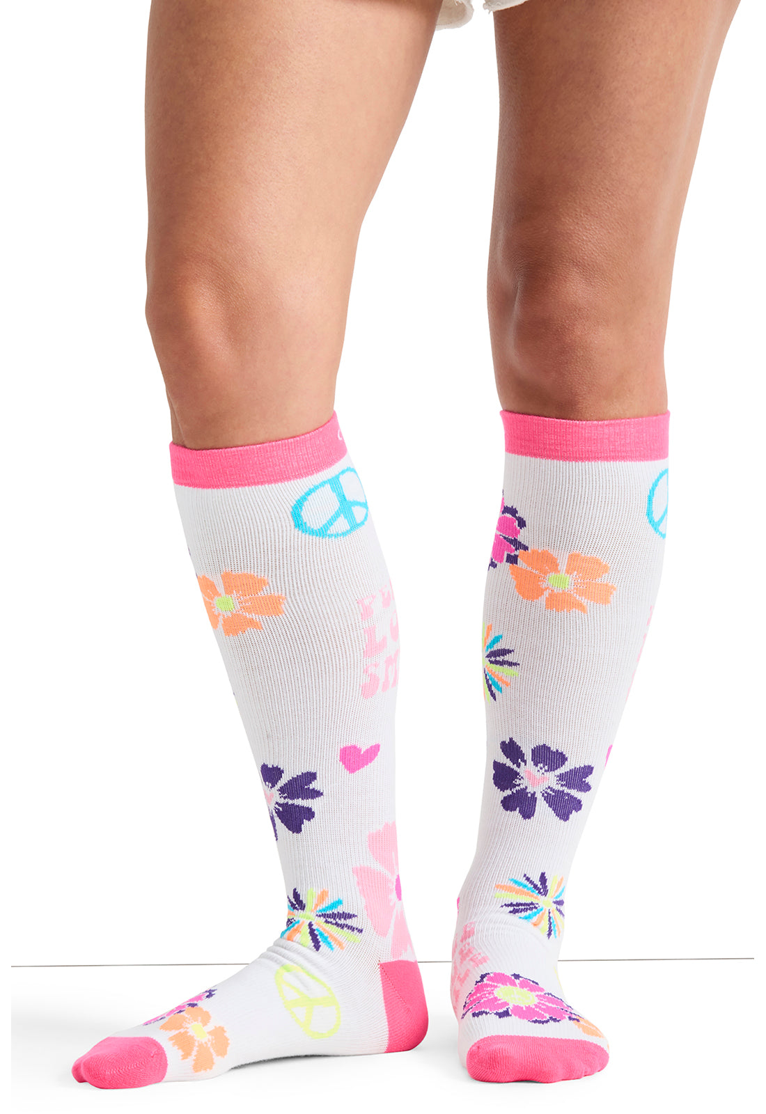 Legwear PRINTSUPPORT Women's 10-15mmHg Compression Socks Peace, Love, Smile Model Image Front | Cherokee