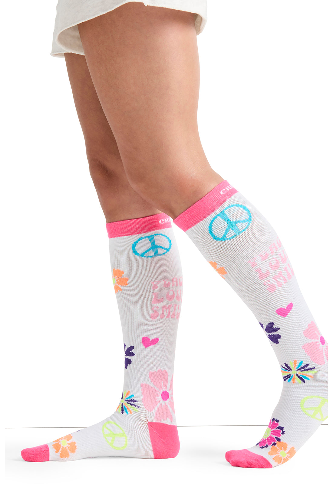 Legwear PRINTSUPPORT Women's 10-15mmHg Compression Socks Peace, Love, Smile Model Image Right Side | Cherokee