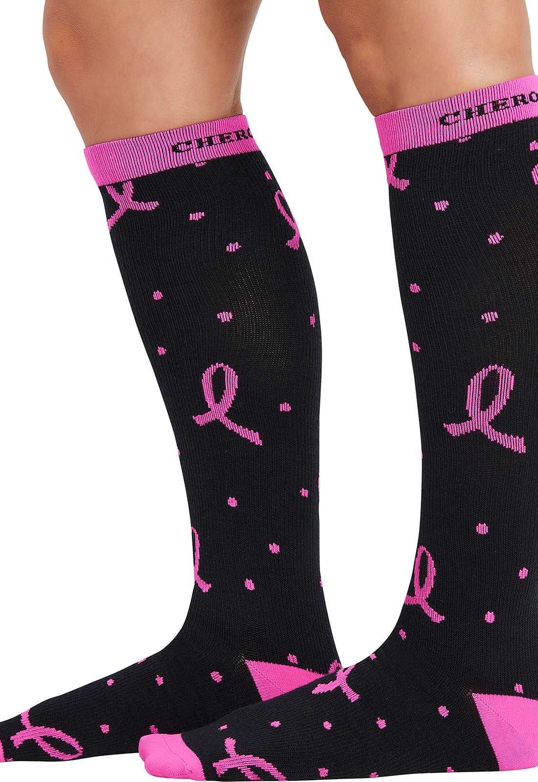 Infinity Legwear PRINTSUPPORT Women's 10-15mmHg Compression Socks Polka Dot Pink Ribbon