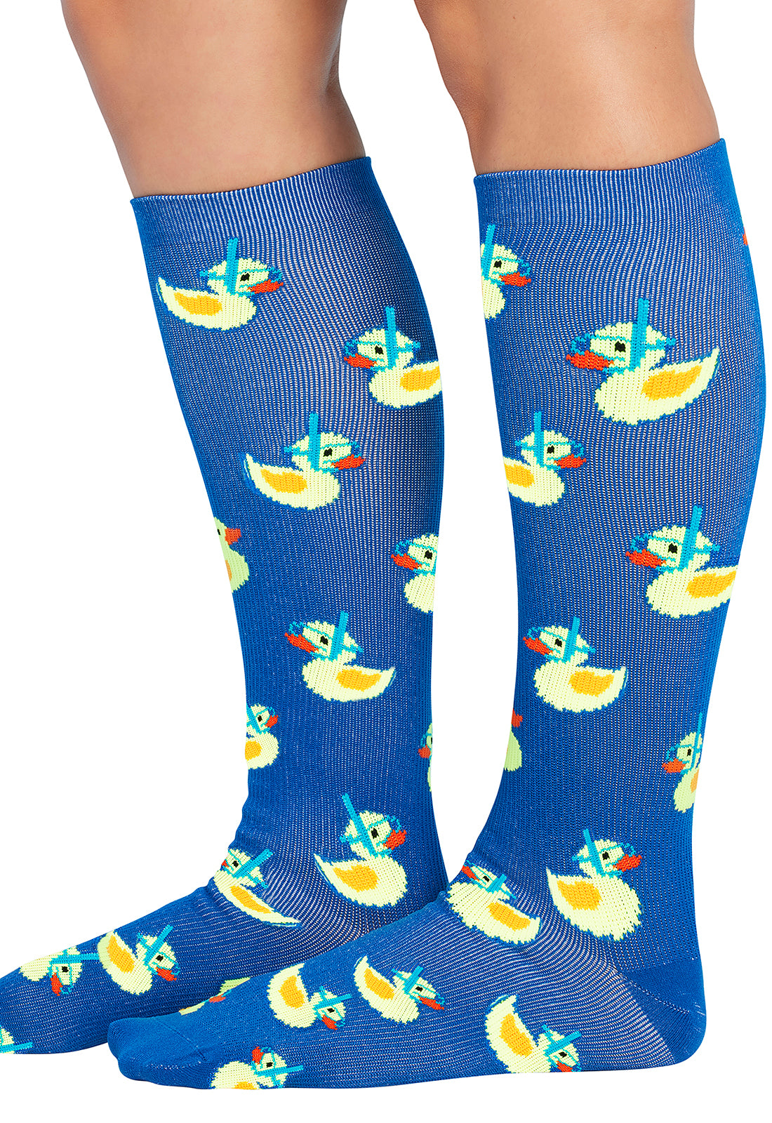 Legwear PRINTSUPPORT Women's 10-15mmHg Compression Socks Rubber Duckies Model Image Right Side | Cherokee