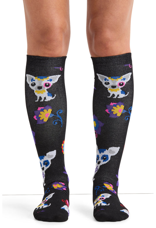 Legwear PRINTSUPPORT Women's 10-15mmHg Compression Socks Sugar Skull Pups Model Image Front | Cherokee