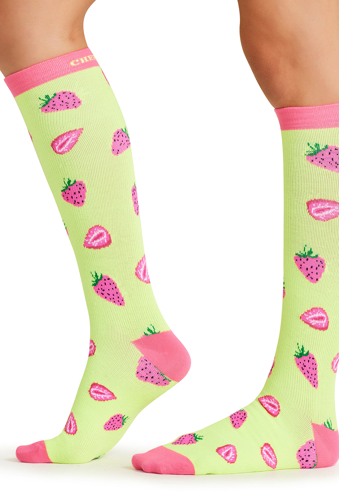 Legwear PRINTSUPPORT Women's 10-15mmHg Compression Socks Strawberry Patch Model Image Right Side | Cherokee