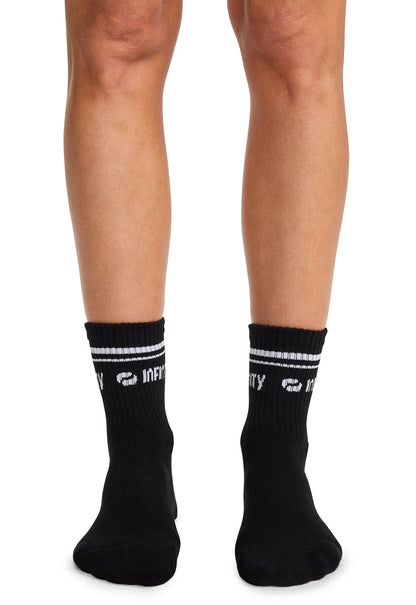 Infinity Legwear RALLY Athletic Crew Socks Black/White Model Image Front | Infinity Footwear