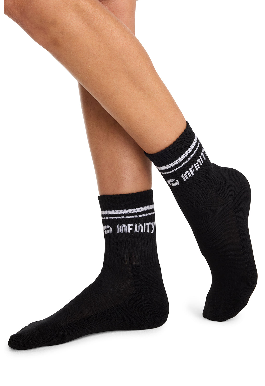 Infinity Legwear RALLY Athletic Crew Socks Black/White Model Image Right Side | Infinity Footwear