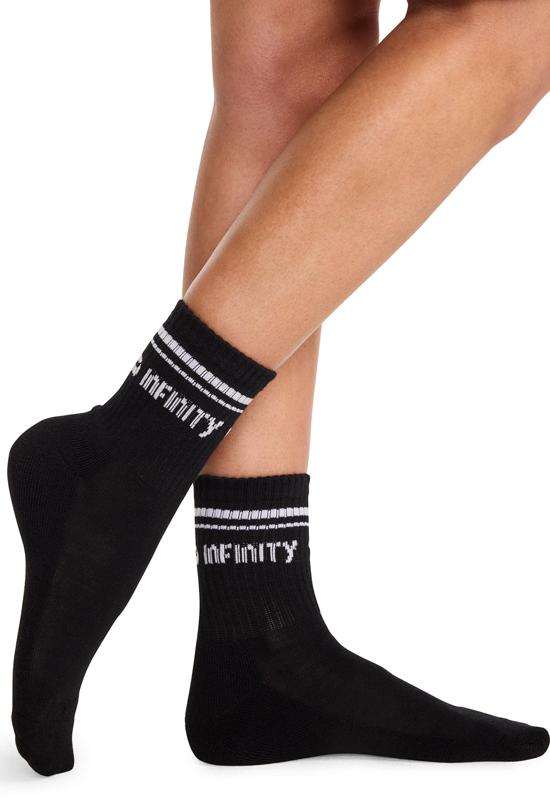 Infinity Legwear RALLY Athletic Crew Socks Black/White Model Image Left Side | Infinity Footwear