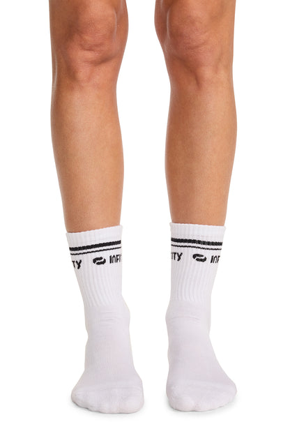 Infinity Legwear RALLY Athletic Crew Socks White/Black Model Image Front | Infinity Footwear