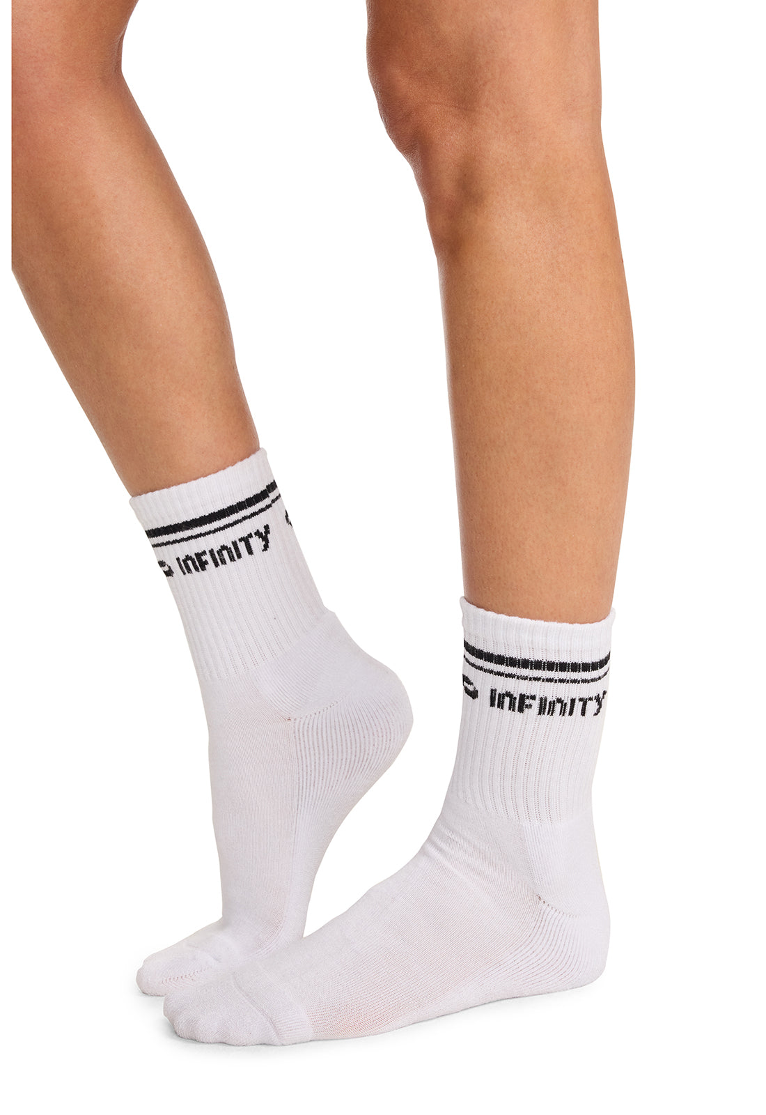 Infinity Legwear RALLY Athletic Crew Socks White/Black Model Image Right Side | Infinity Footwear