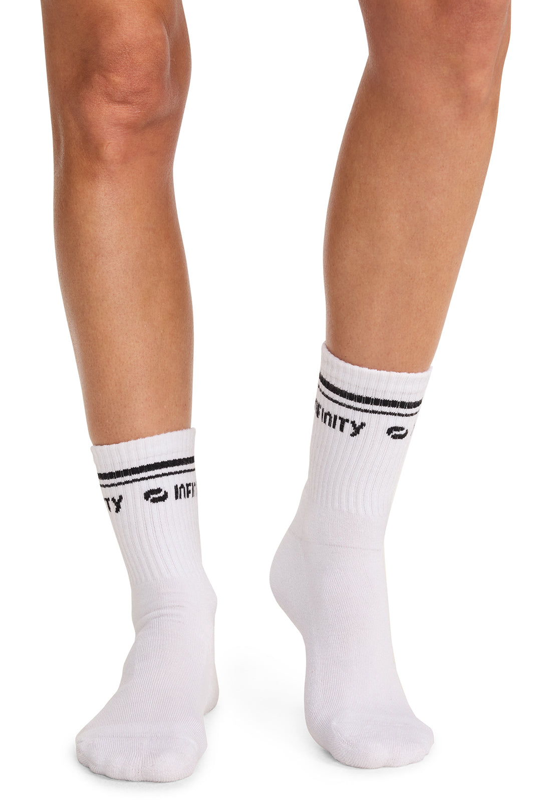 Infinity Legwear RALLY Athletic Crew Socks White/Black Model Image Left Side | Infinity Footwear