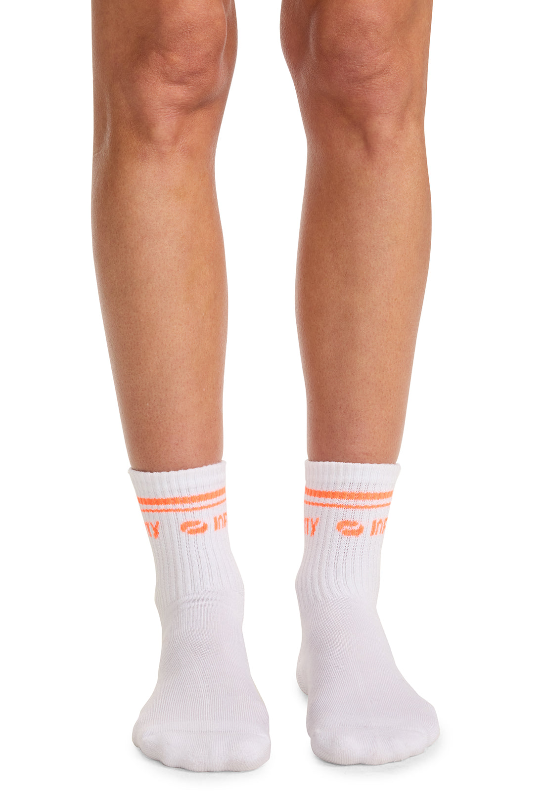 Infinity Legwear RALLY Athletic Crew Socks White/Vivid Orange Model Image Front | Infinity Footwear