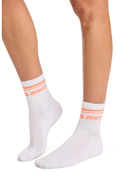 Infinity Legwear RALLY Athletic Crew Socks White/Vivid Orange Model Image Right Side | Infinity Footwear