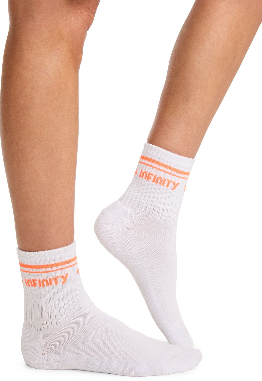 Infinity Legwear RALLY Athletic Crew Socks White/Vivid Orange Model Image Left Side | Infinity Footwear