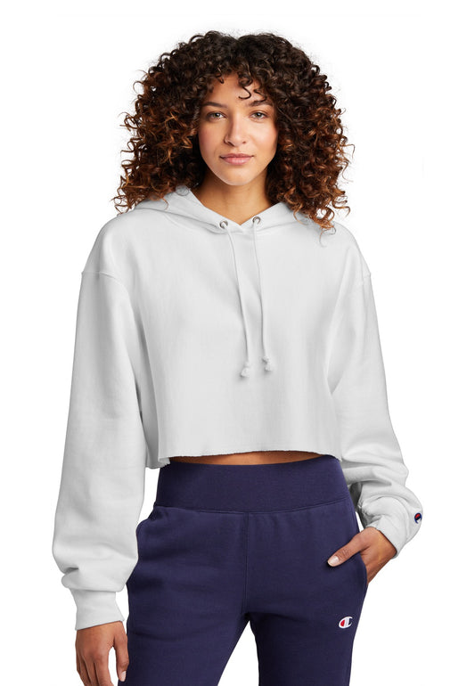 Champion Women's Reverse Weave Cropped Cut-Off Hooded Sweatshirt RW01W White