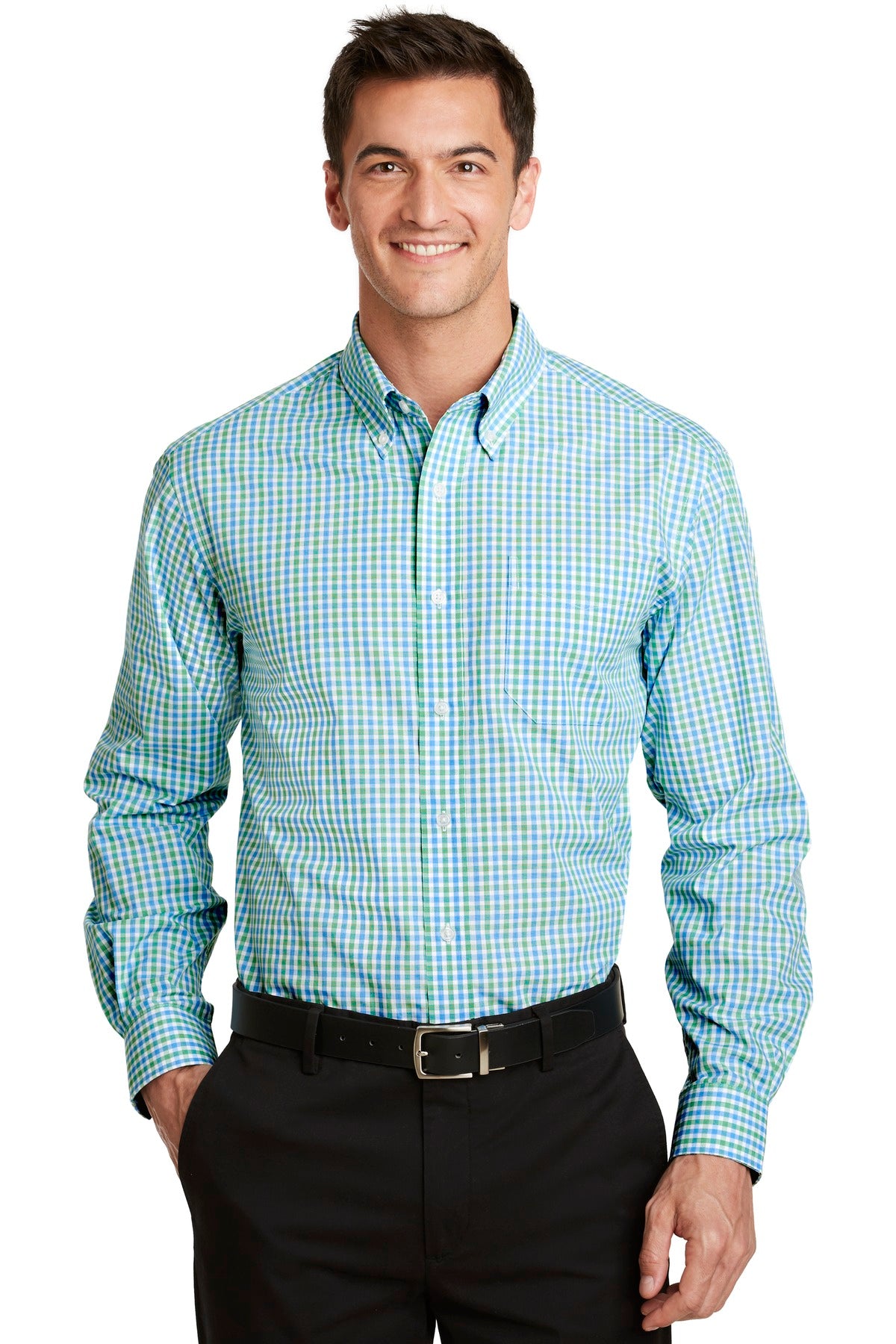 Port Authority Long Sleeve Gingham Easy Care Shirt. S654 Green/ Aqua