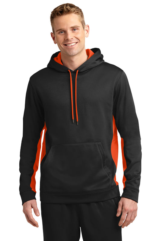 Sport-Tek Sport-Wick Fleece Colorblock Hooded Pullover. ST235 Black/ Deep Orange